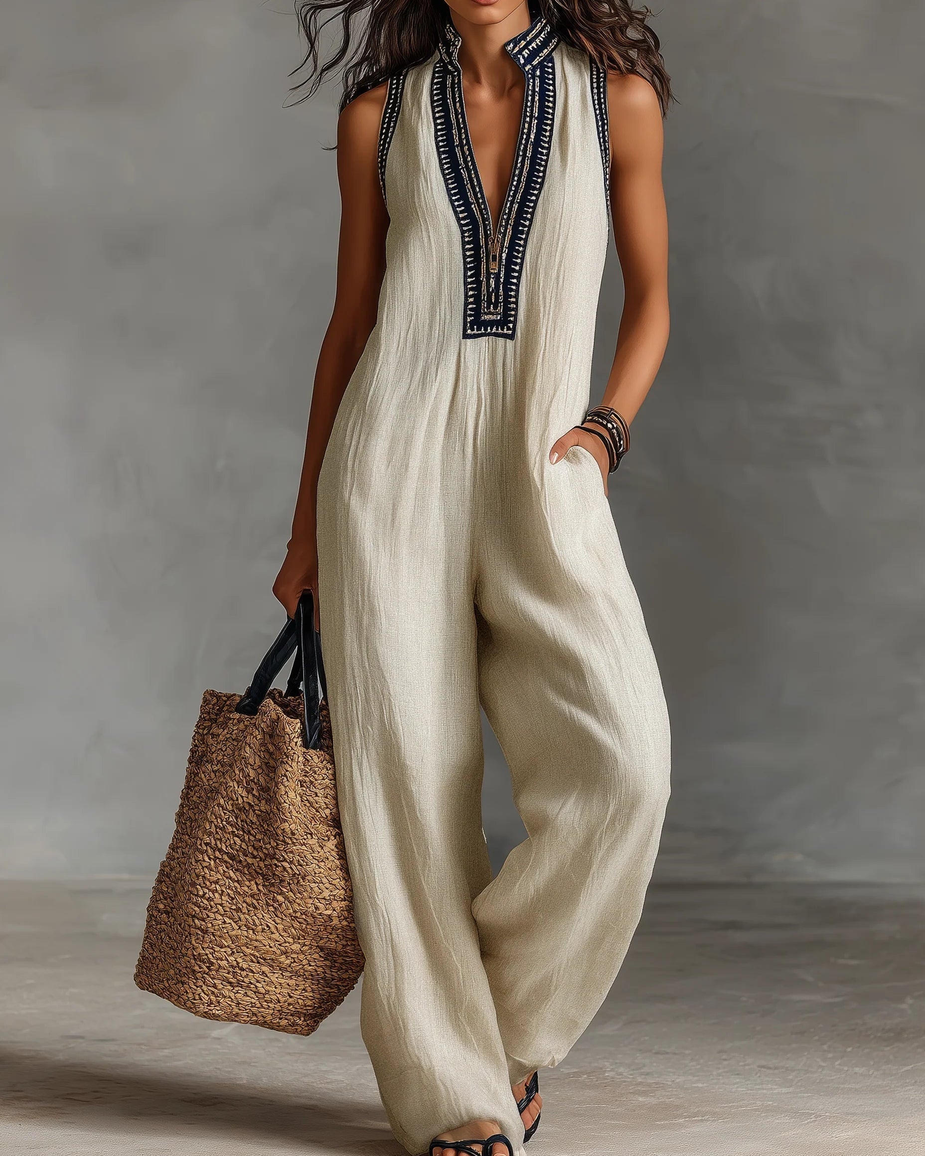 Fiamma - Sleeveless Jumpsuit with Minimalist High Collar and Zip