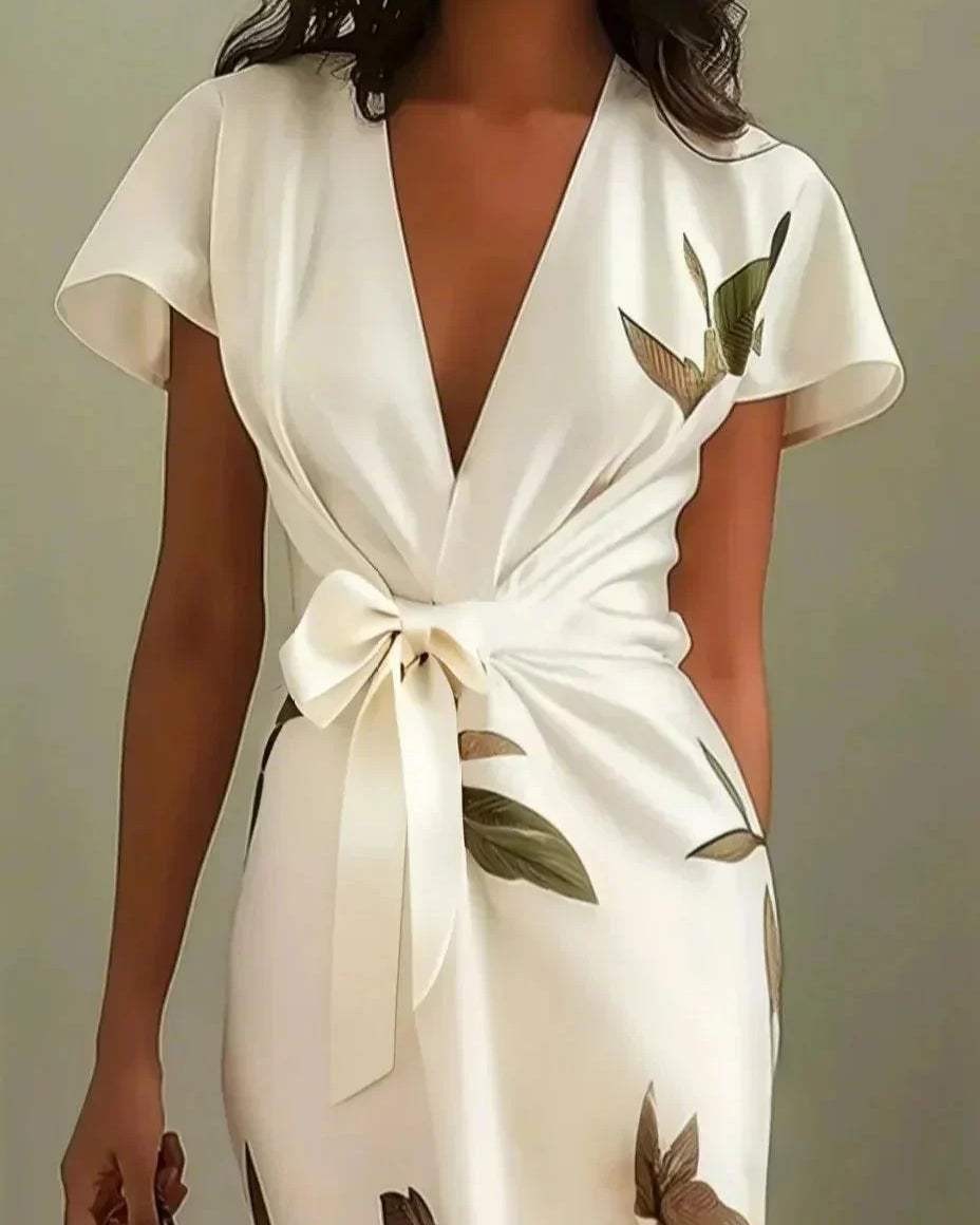 Judy | White Leaf Short Sleeve Midi Dress