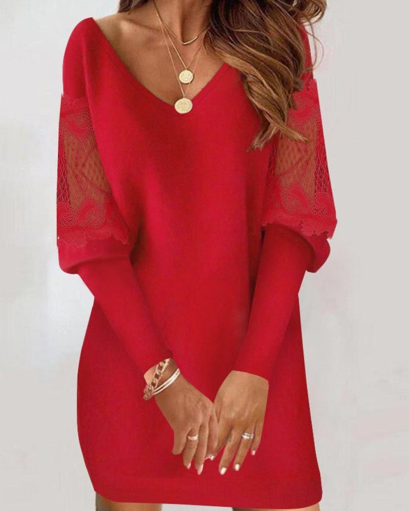 Elegant Mini Dress for Women with Lace Sleeves