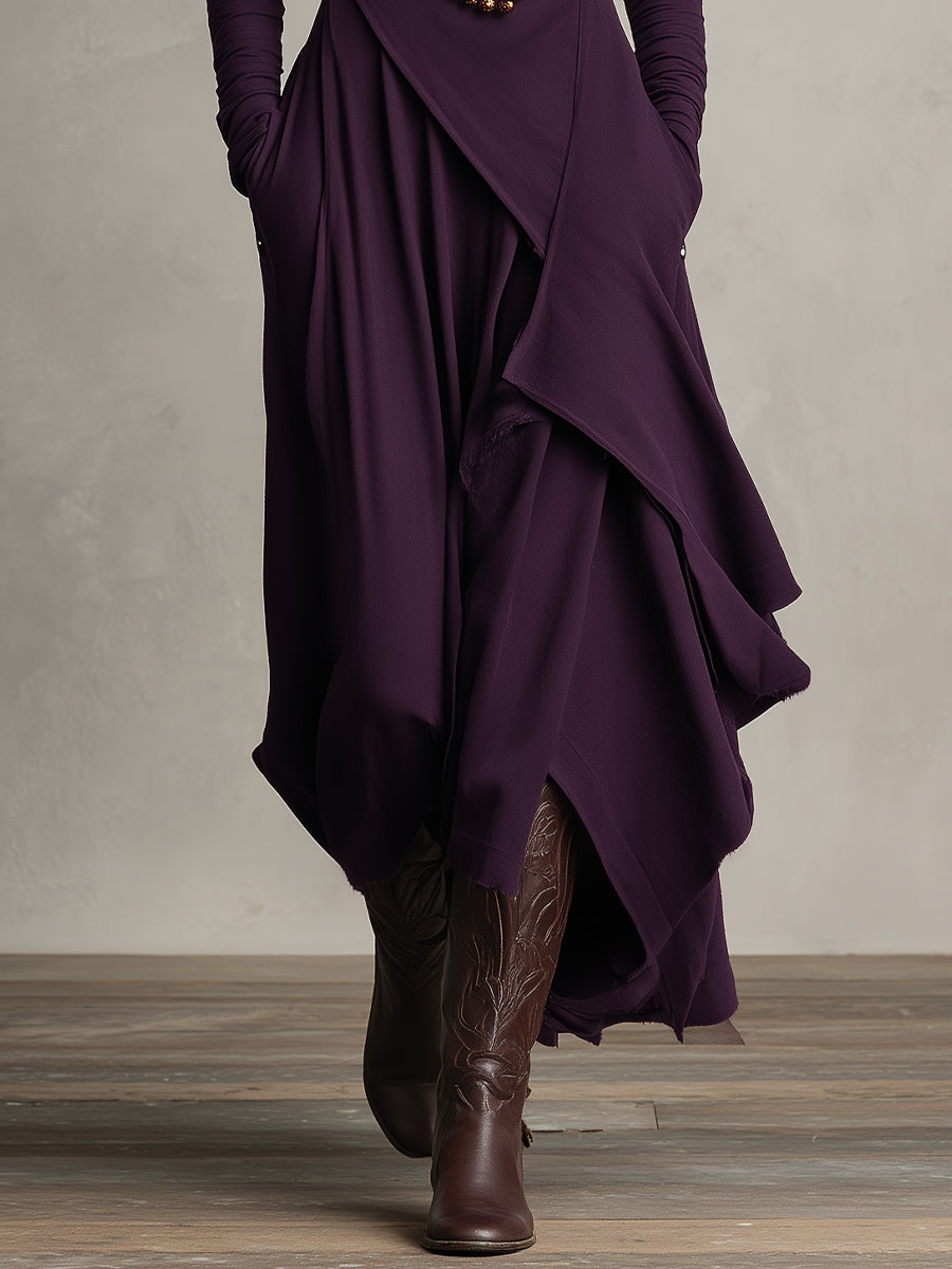 Women's Bohemian Cotton Stretch Turtleneck Asymmetrical Maxi Dress