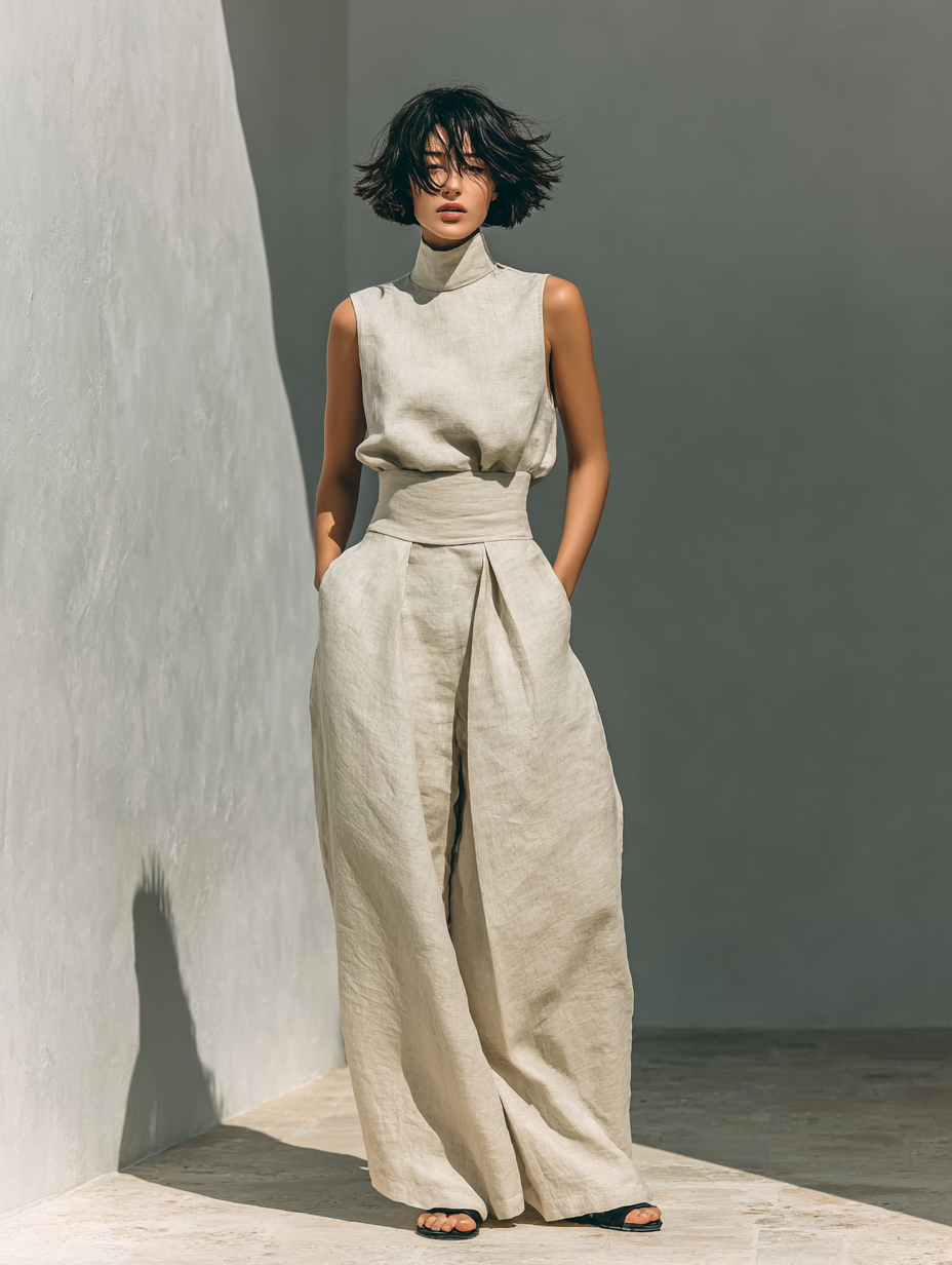 Maria - Complete set with tank top and wide-leg pants in minimalist cotton and linen for women