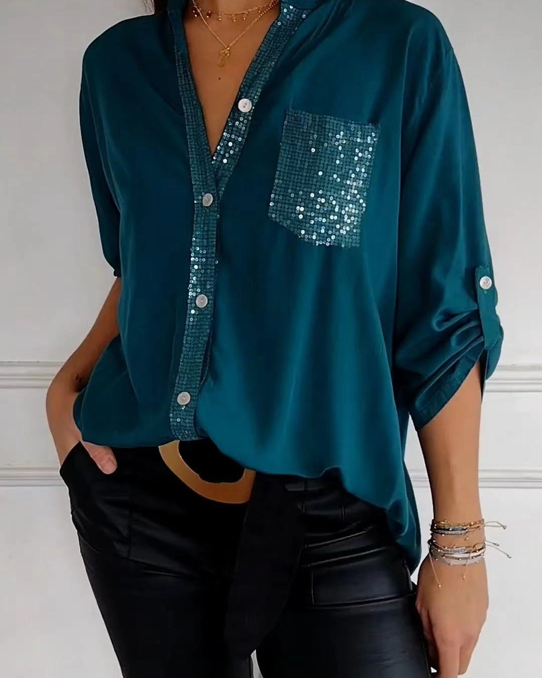 Women’s Casual Button-Up Blouse with Sequin Detail