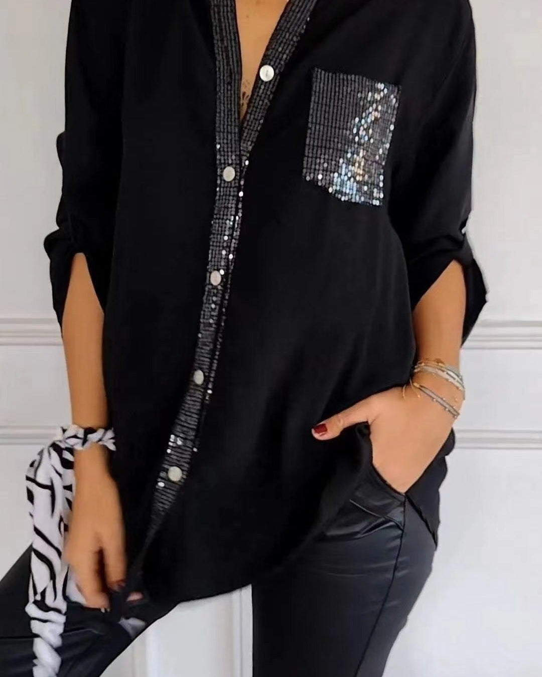 Women’s Casual Button-Up Blouse with Sequin Detail