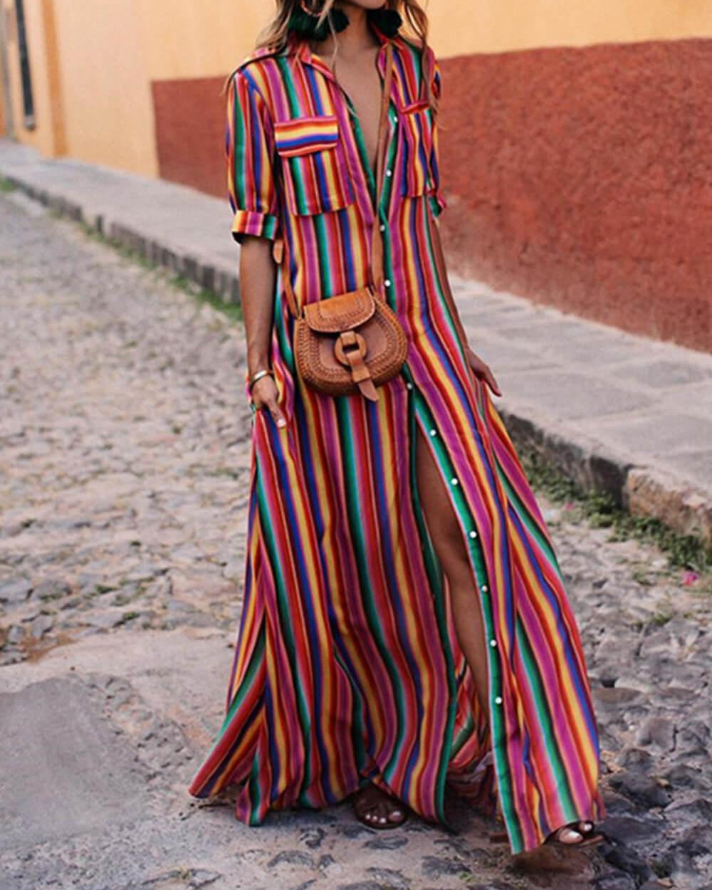 Nancy | Casual Striped Printed Shirt Maxi Skirt