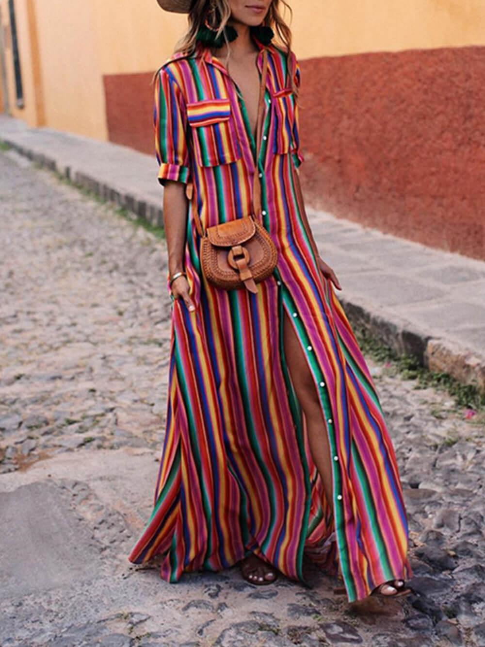 Nancy | Casual Striped Printed Shirt Maxi Skirt