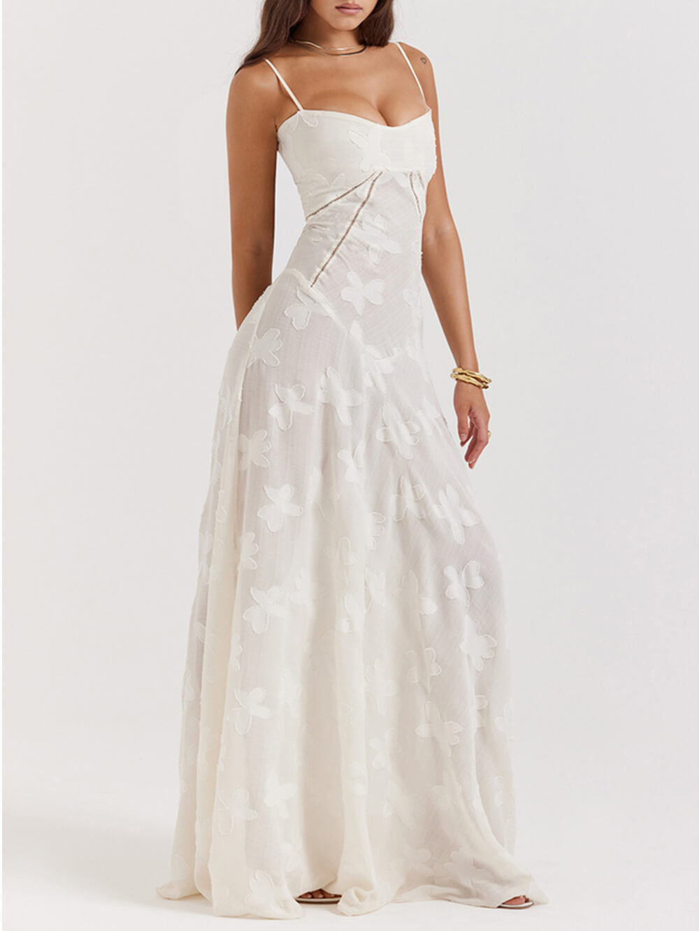 Maxi dress for women with straps, neckline, and floral pattern