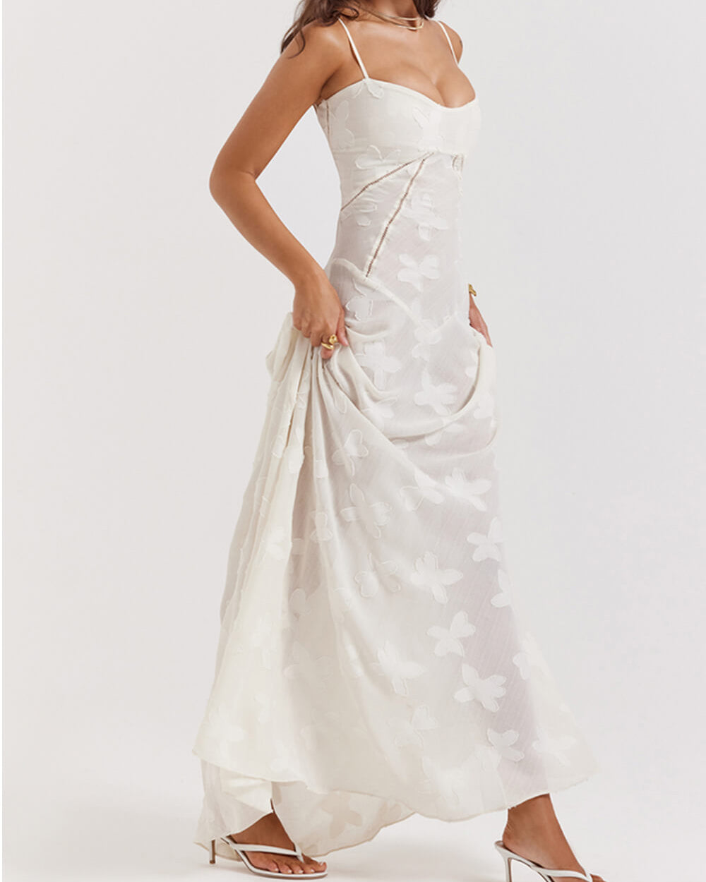Maxi dress for women with straps, neckline, and floral pattern