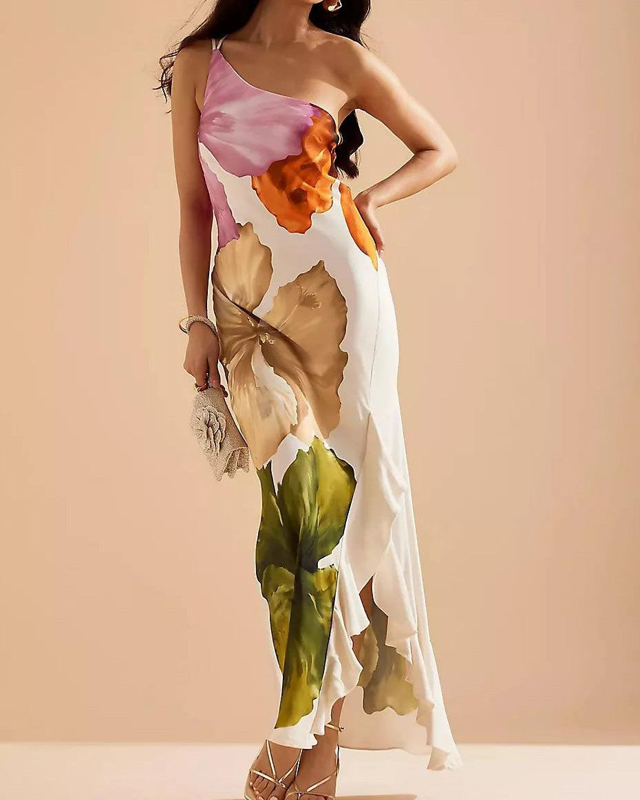 Kira | Elegant Floral Print One-shoulder Maxi Dress