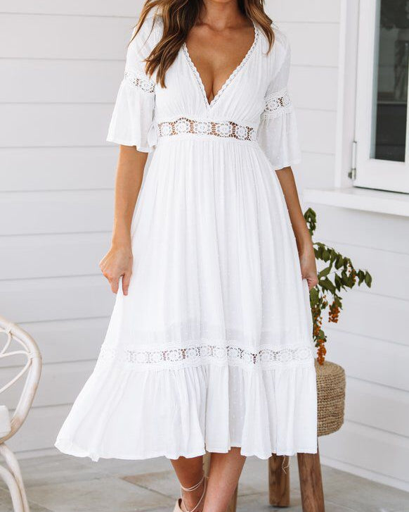 Women's midi dress with V-neck and lace inserts
