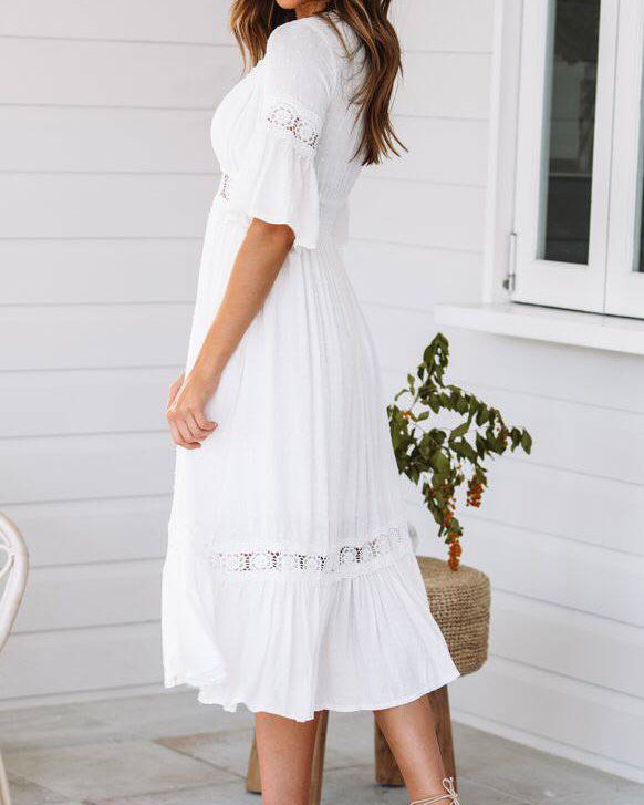 Women's midi dress with V-neck and lace inserts