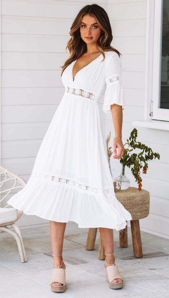 Women's midi dress with V-neck and lace inserts