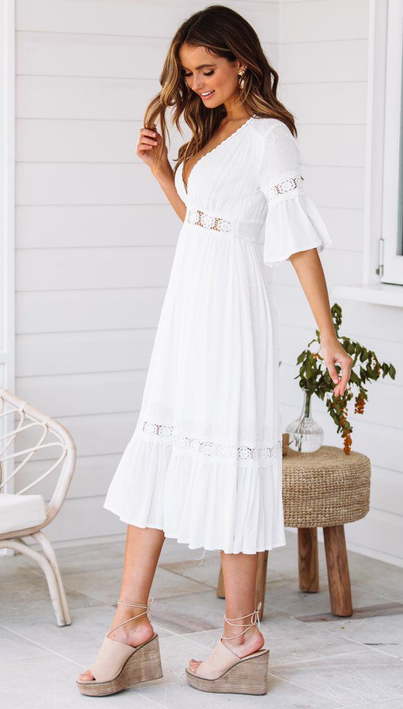 Women's midi dress with V-neck and lace inserts