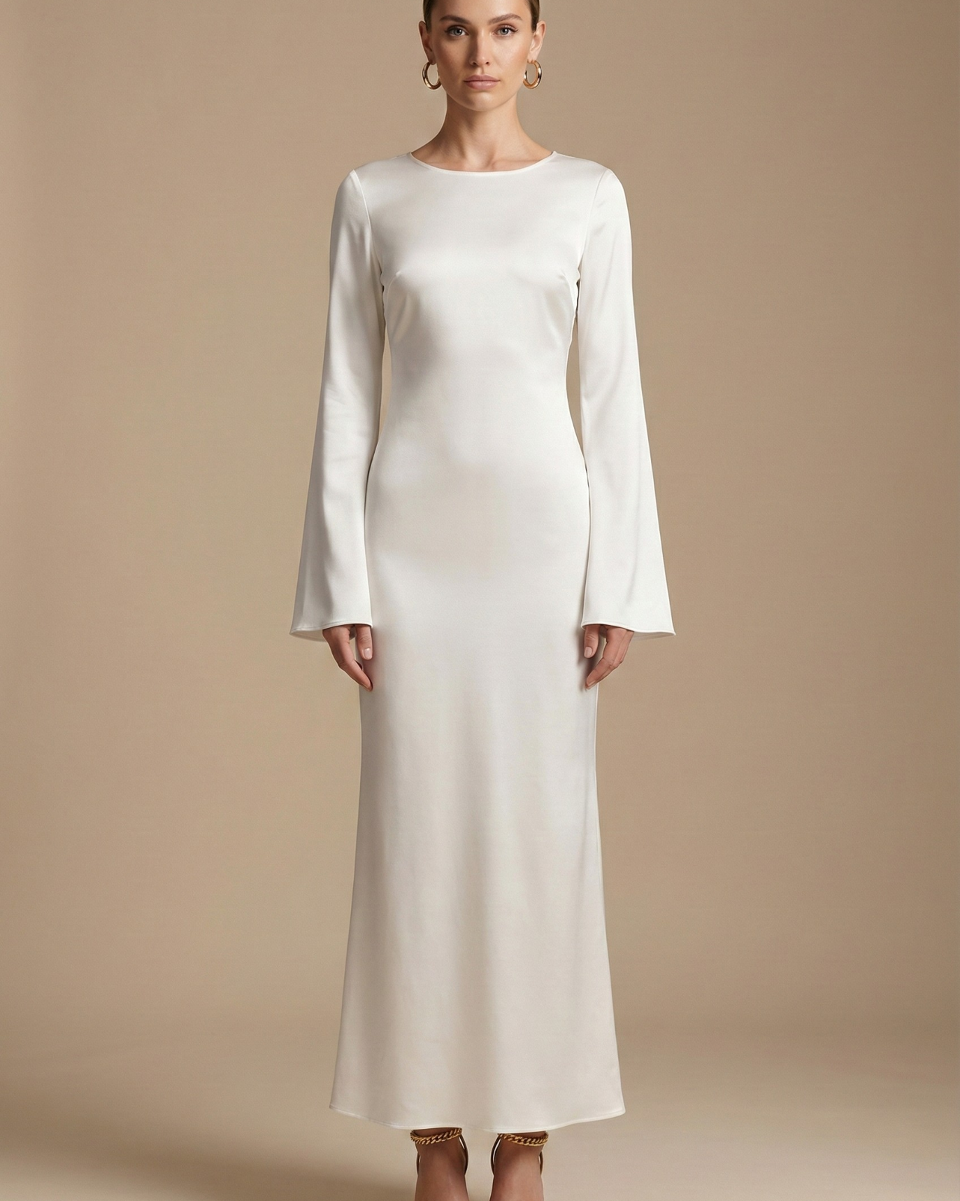 Women's Maxi Dress - Boat Neck - Flared Sleeve - Tie Back