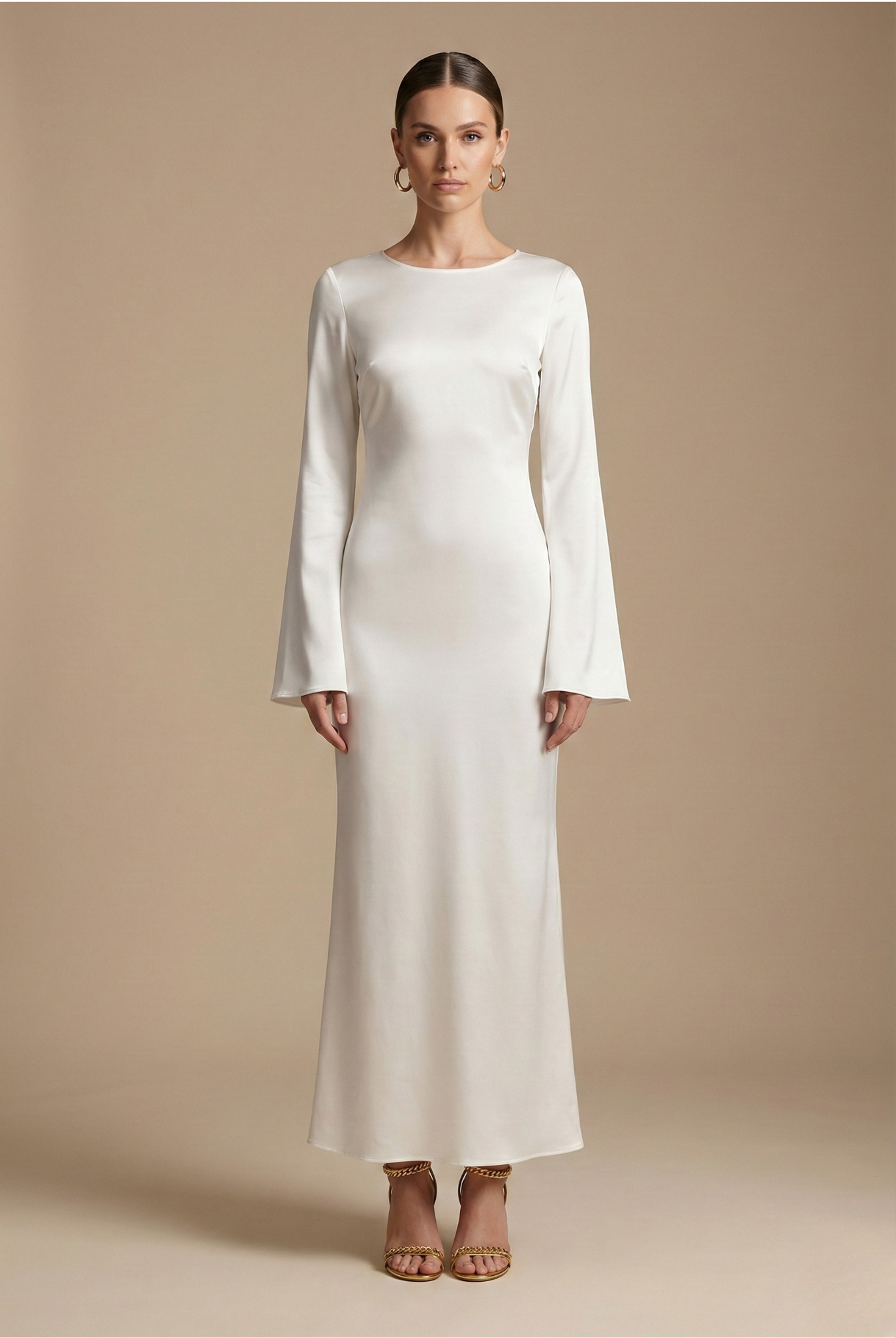 Women's Maxi Dress - Boat Neck - Flared Sleeve - Tie Back