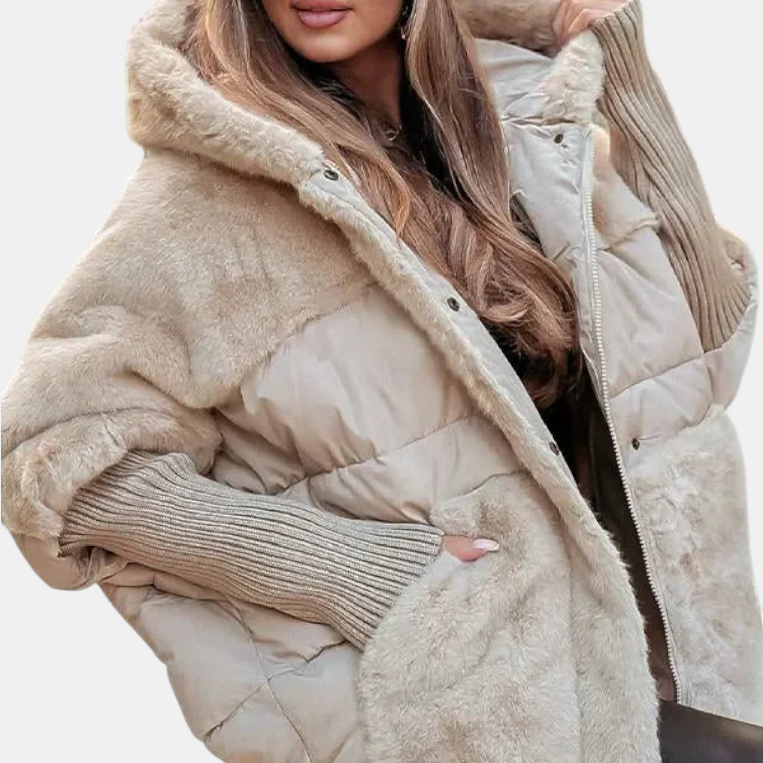 Oversized Puffer Jacket with Hood in Patchwork Style