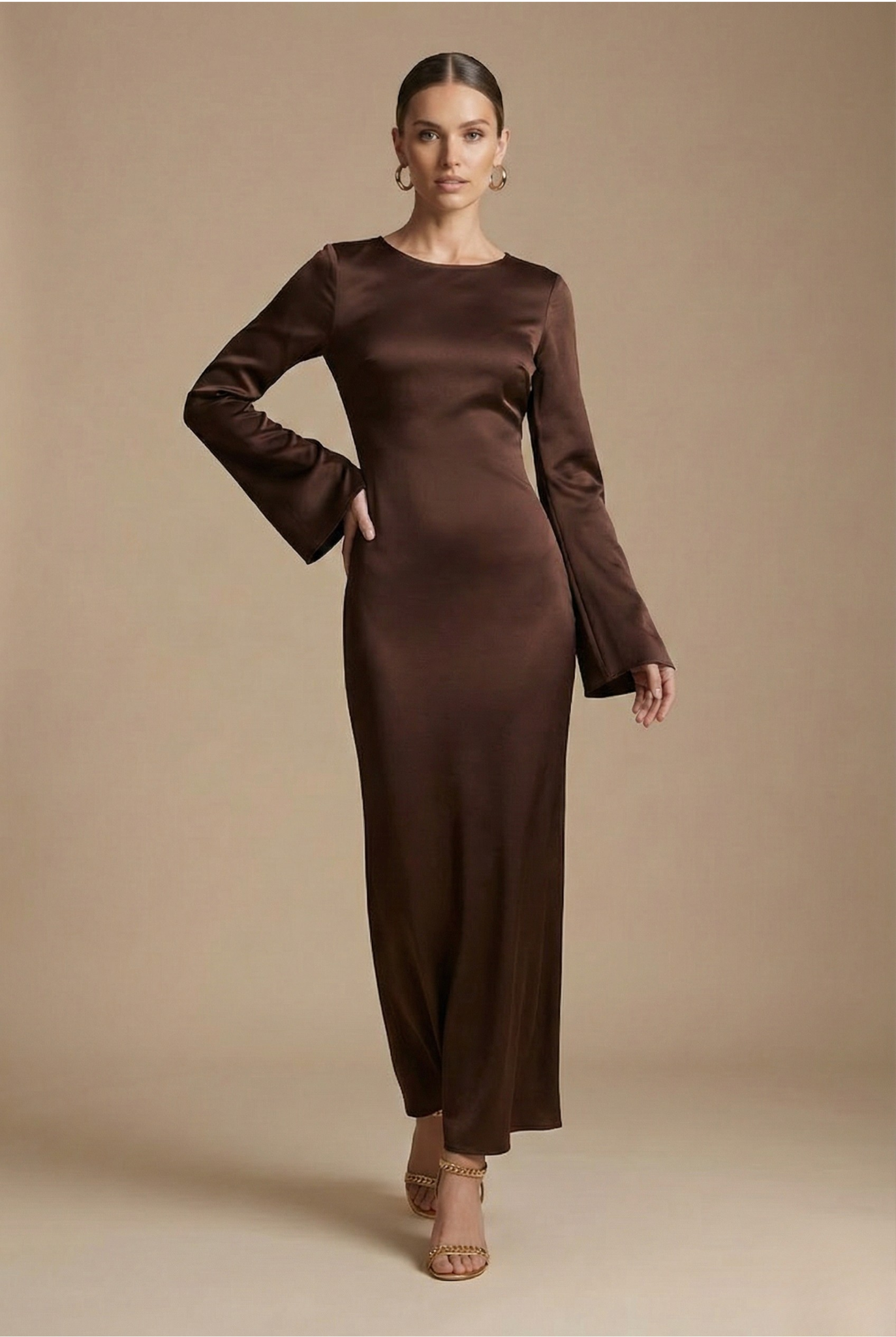 Women's Maxi Dress - Boat Neck - Flared Sleeve - Tie Back