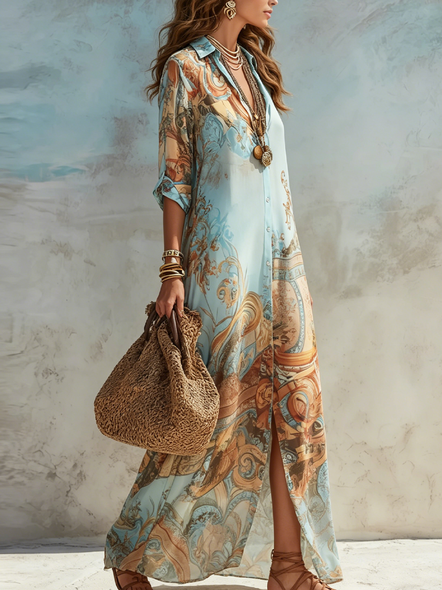 Baroque Blue Floral Chiffon Maxi Dress