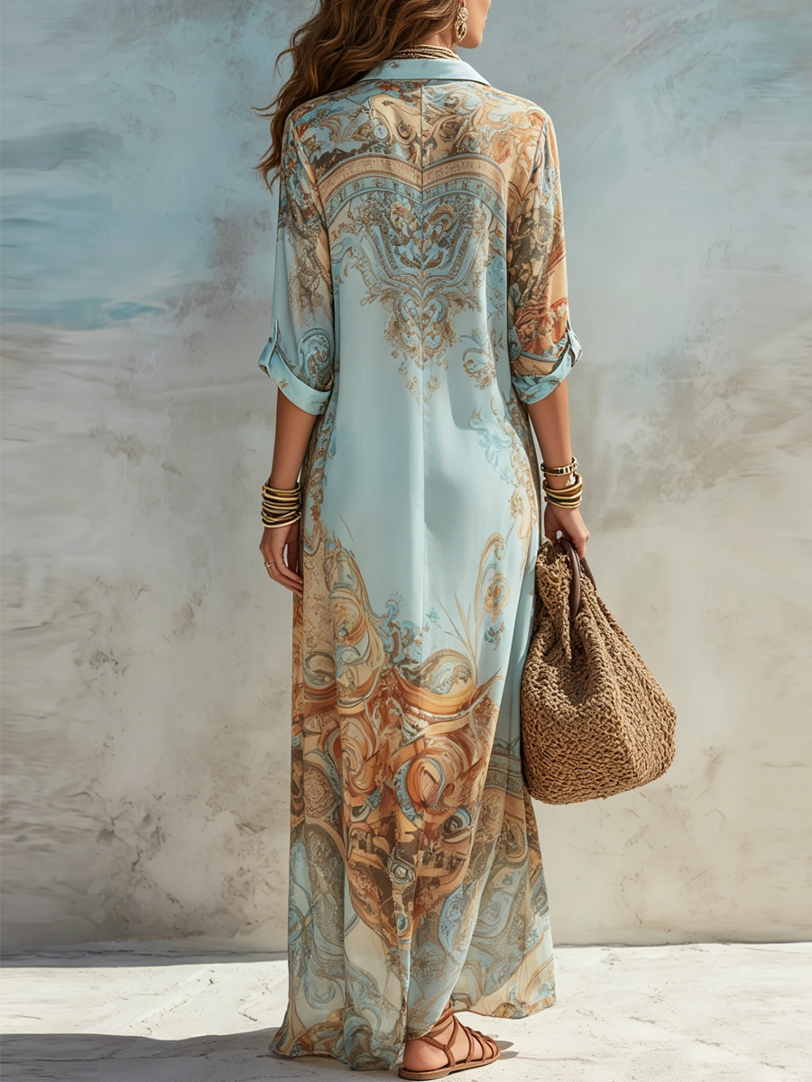 Baroque Blue Floral Chiffon Maxi Dress