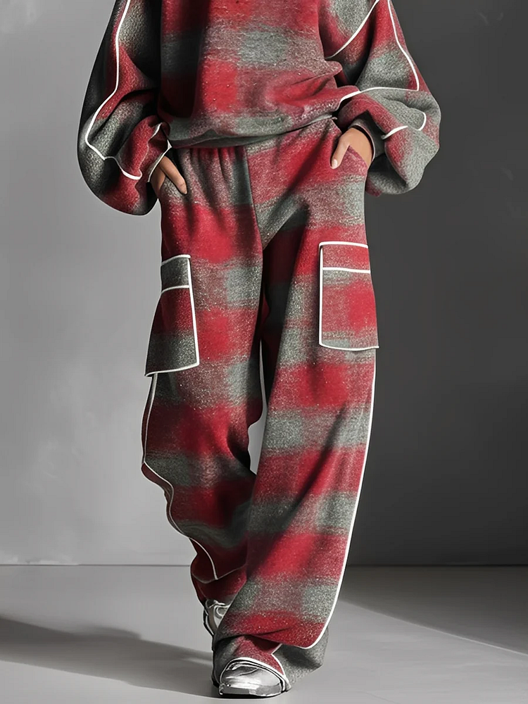 Red and Gray Checkered T-Shirt with Sweatpants - Two-Piece Set