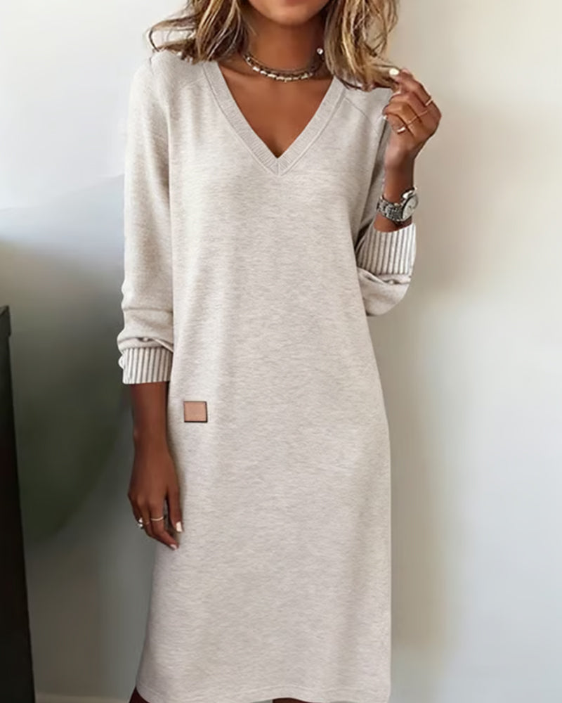Women's Knit Dress with V-Neck and Long Sleeves