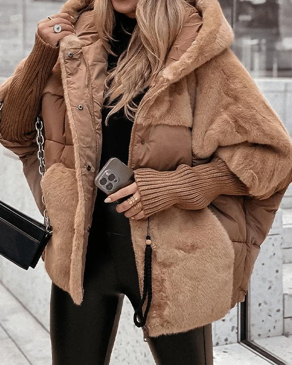 Women's Winter Jacket with Hood, Long Sleeves, and Fur Patchwork