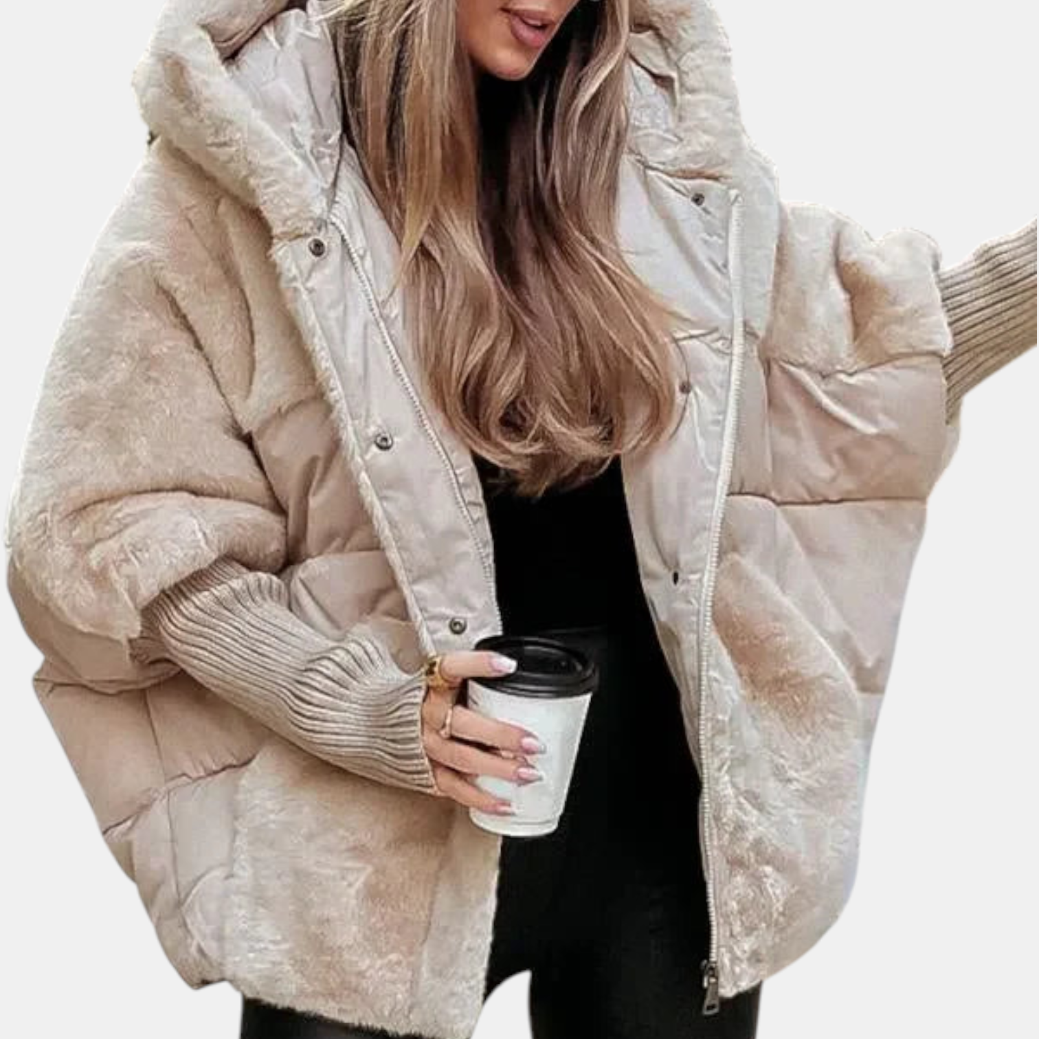 Oversized Puffer Jacket with Hood in Patchwork Style