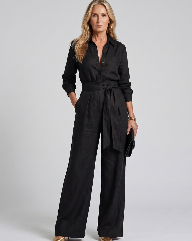 Jovie | Long Sleeve Button Front Wide Leg Jumpsuit