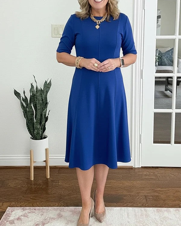 Women's Midi Dress with Short Sleeves and Flared Skirt