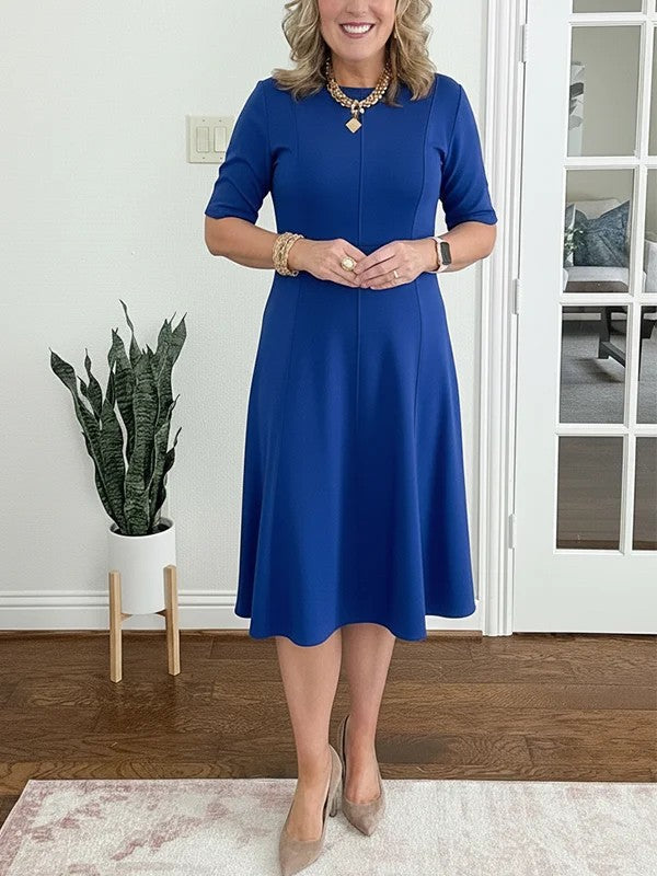 Women's Midi Dress with Short Sleeves and Flared Skirt
