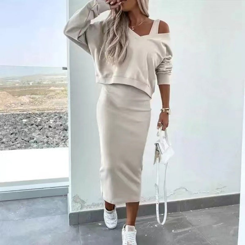 Midi dress with long sleeves and off-shoulder neckline