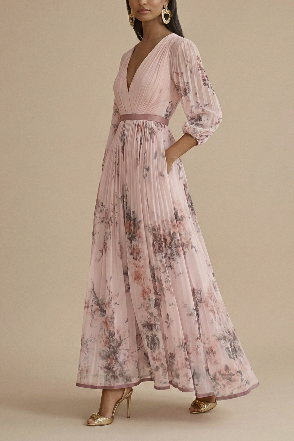Women's Maxi Dress with V-Neck and Long Sleeves