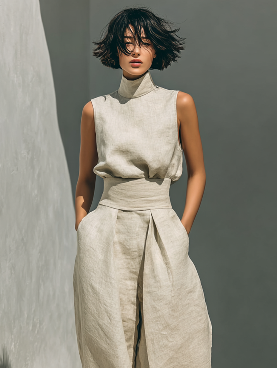 Maria - Complete set with tank top and wide-leg pants in minimalist cotton and linen for women