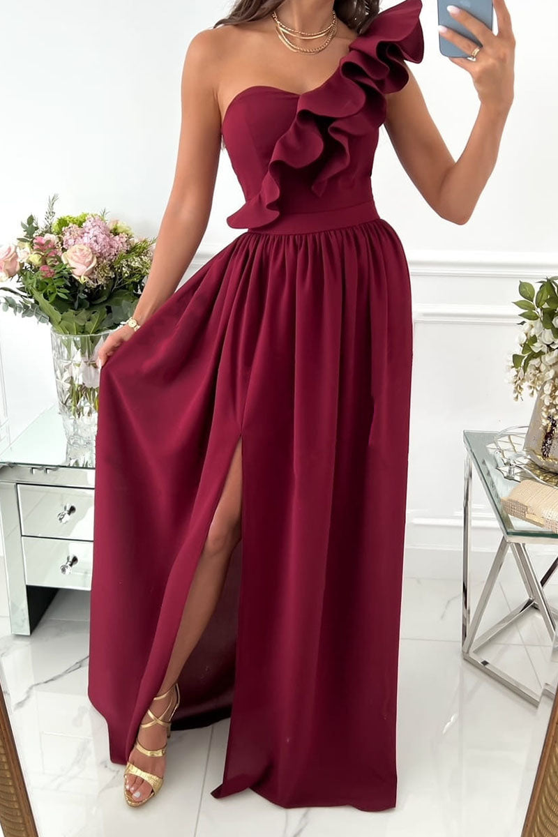 One-Shoulder Women's Dress with Ruffle and Slit