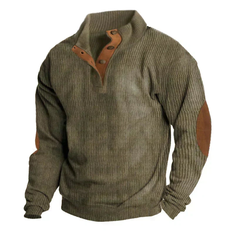 Soft Men's Knitted Sweater with Button Closure and Elbow Patches