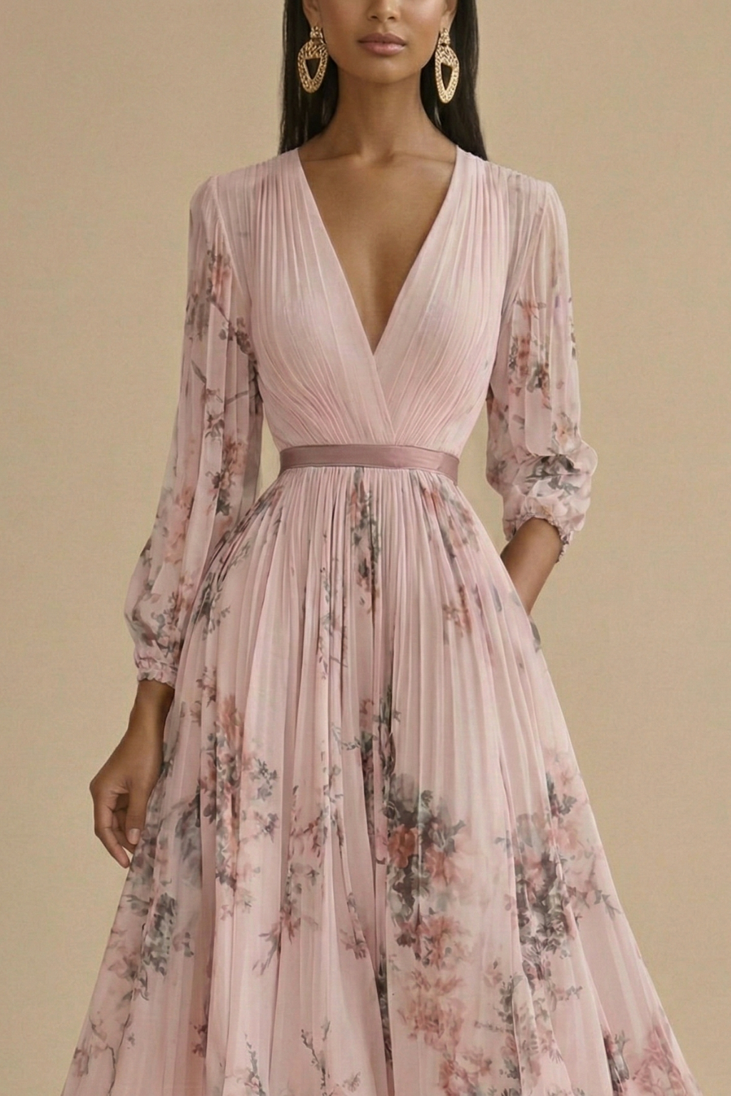 Women's Maxi Dress with V-Neck and Long Sleeves