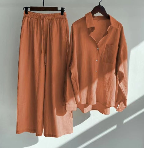 Women’s Relaxed Two-Piece Set with Button-Up Shirt and Wide Leg Pants