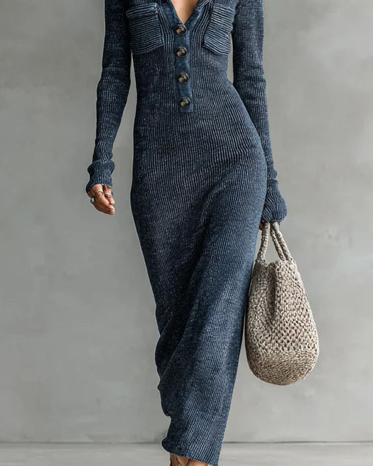 Fashionable Gray Maxi Dress with Long Sleeves and Retro Cut
