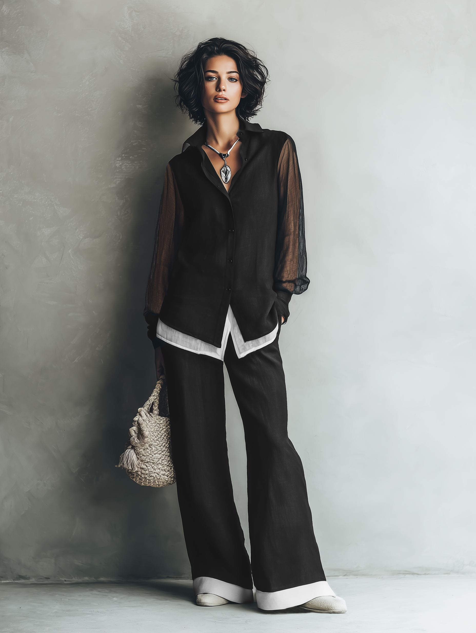 Women's Minimalist Linen-Blend Shirt & Wide-Leg Pants Set