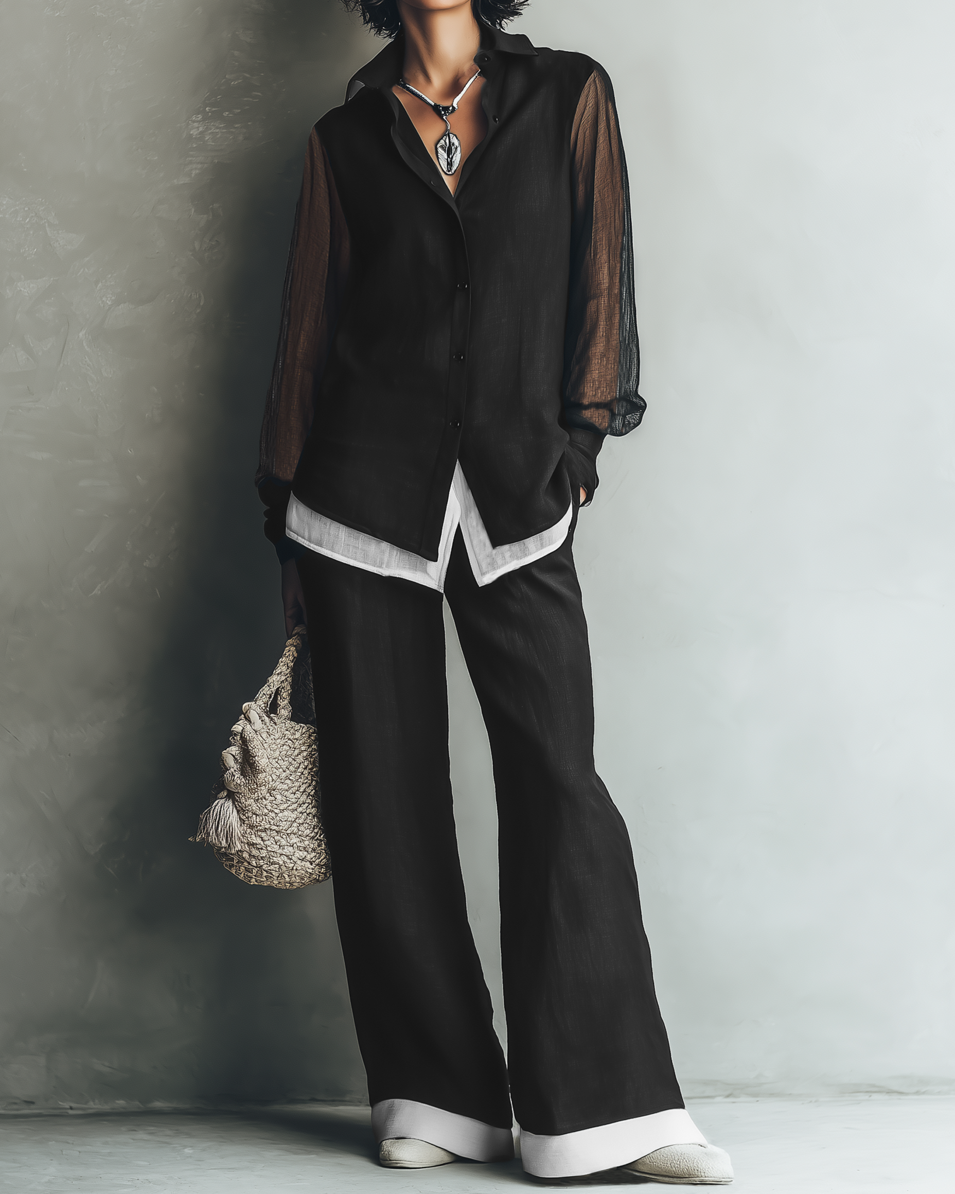Women's Minimalist Linen-Blend Shirt & Wide-Leg Pants Set