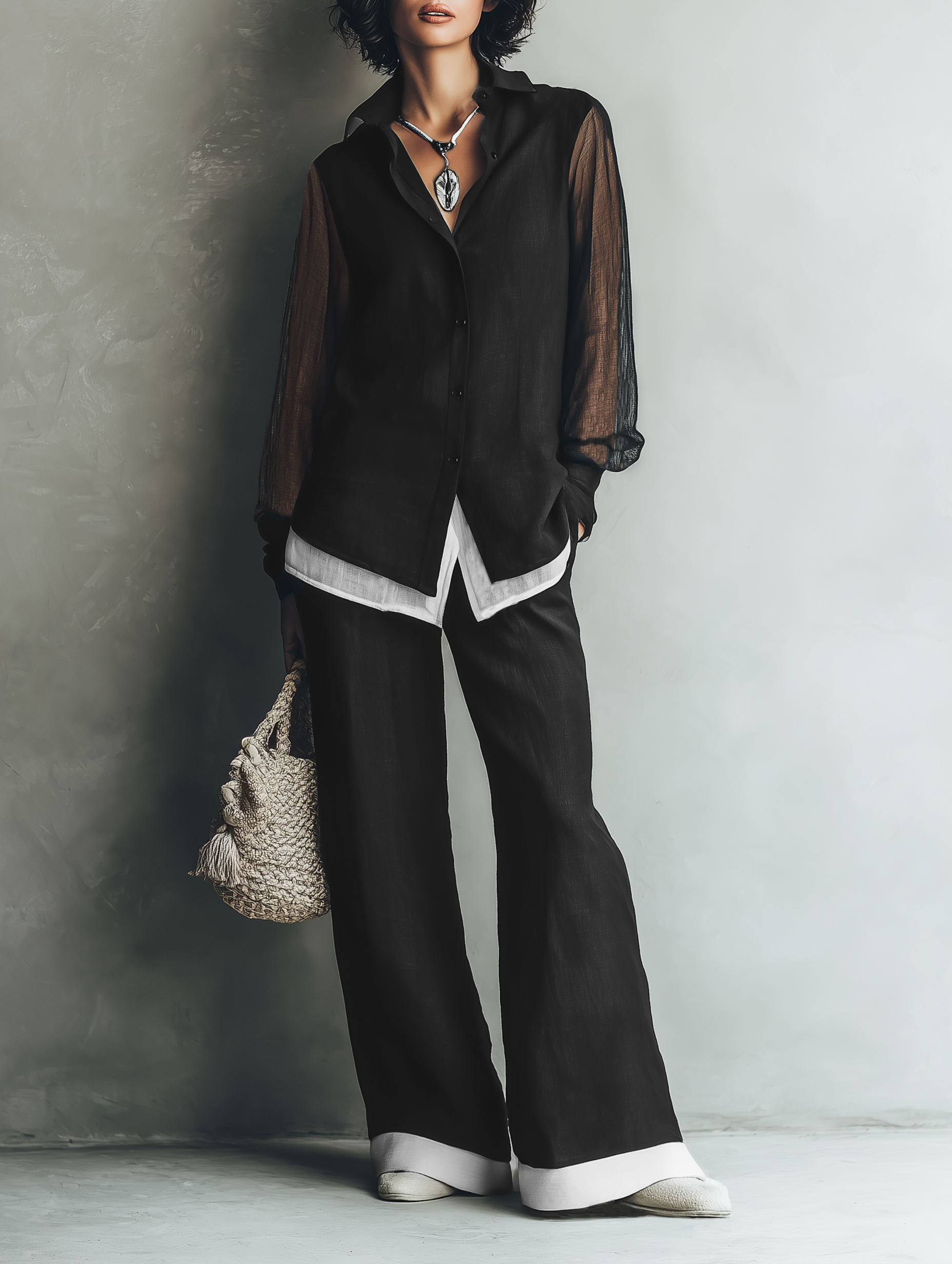 Women's Minimalist Linen-Blend Shirt & Wide-Leg Pants Set