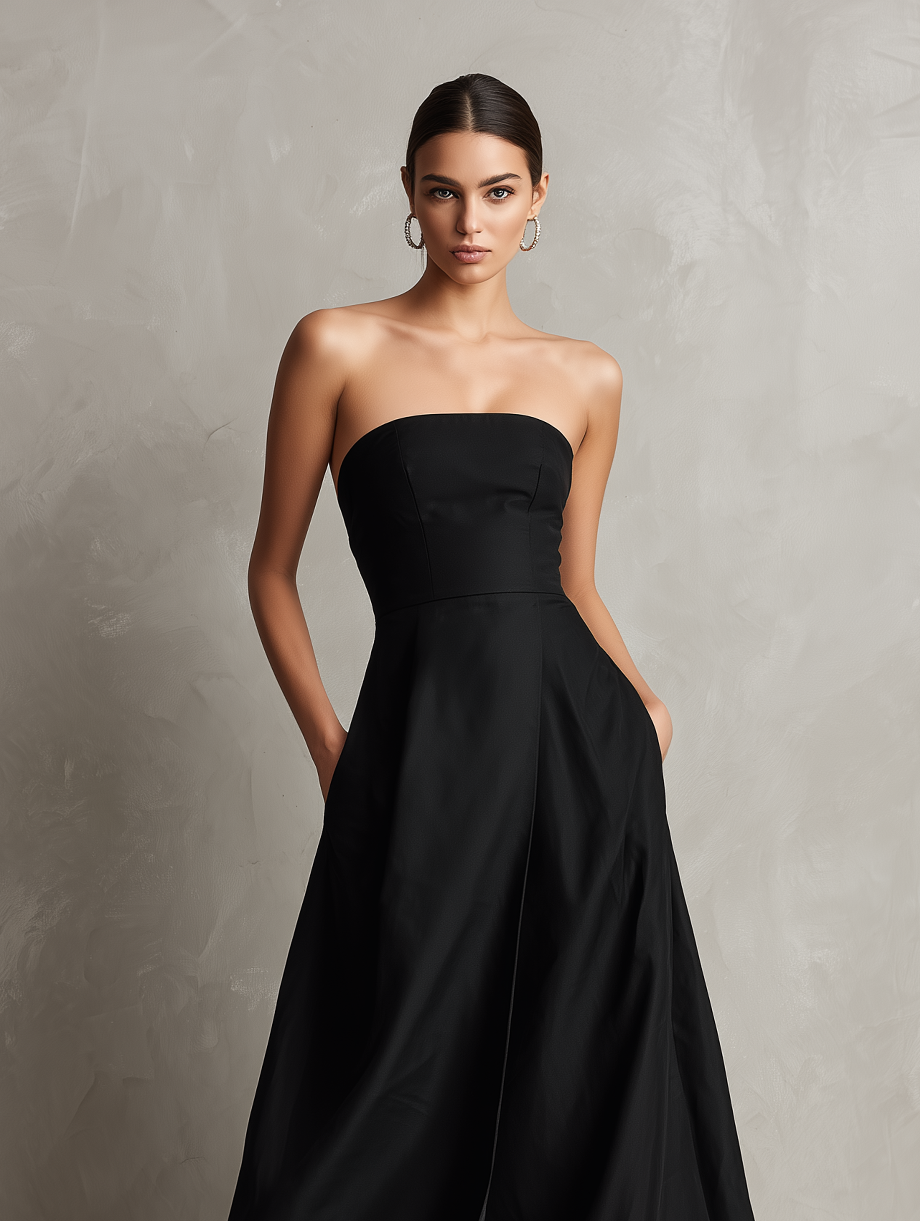 Women's Elegant Black Woven Strapless Sleeveless Evening Gown