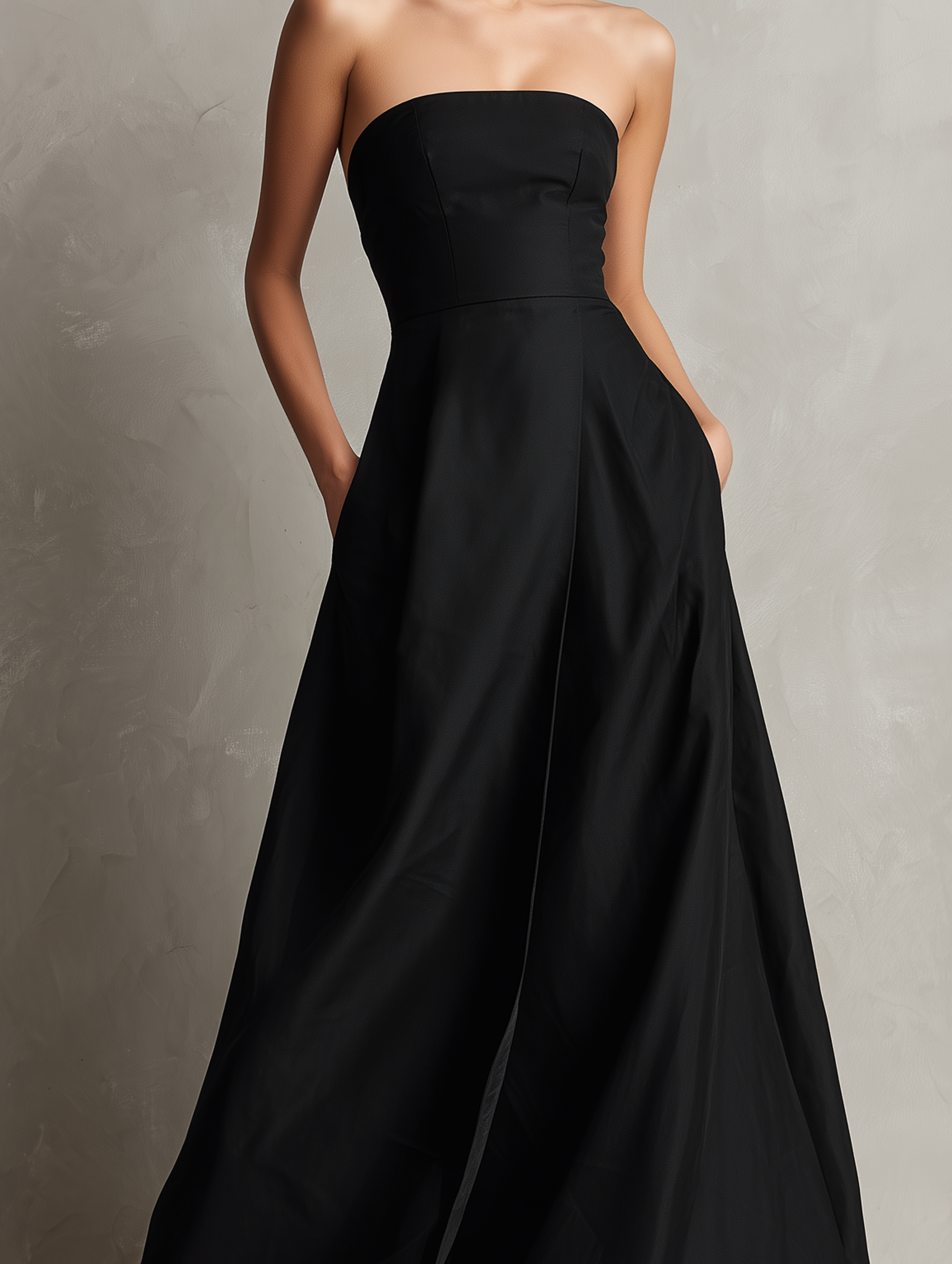 Women's Elegant Black Woven Strapless Sleeveless Evening Gown