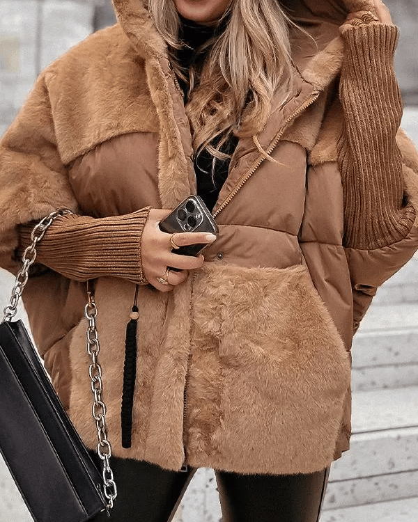 Women's Winter Jacket with Hood, Long Sleeves, and Fur Patchwork