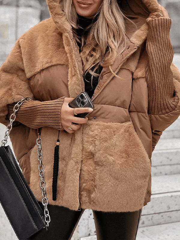 Women's Winter Jacket with Hood, Long Sleeves, and Fur Patchwork
