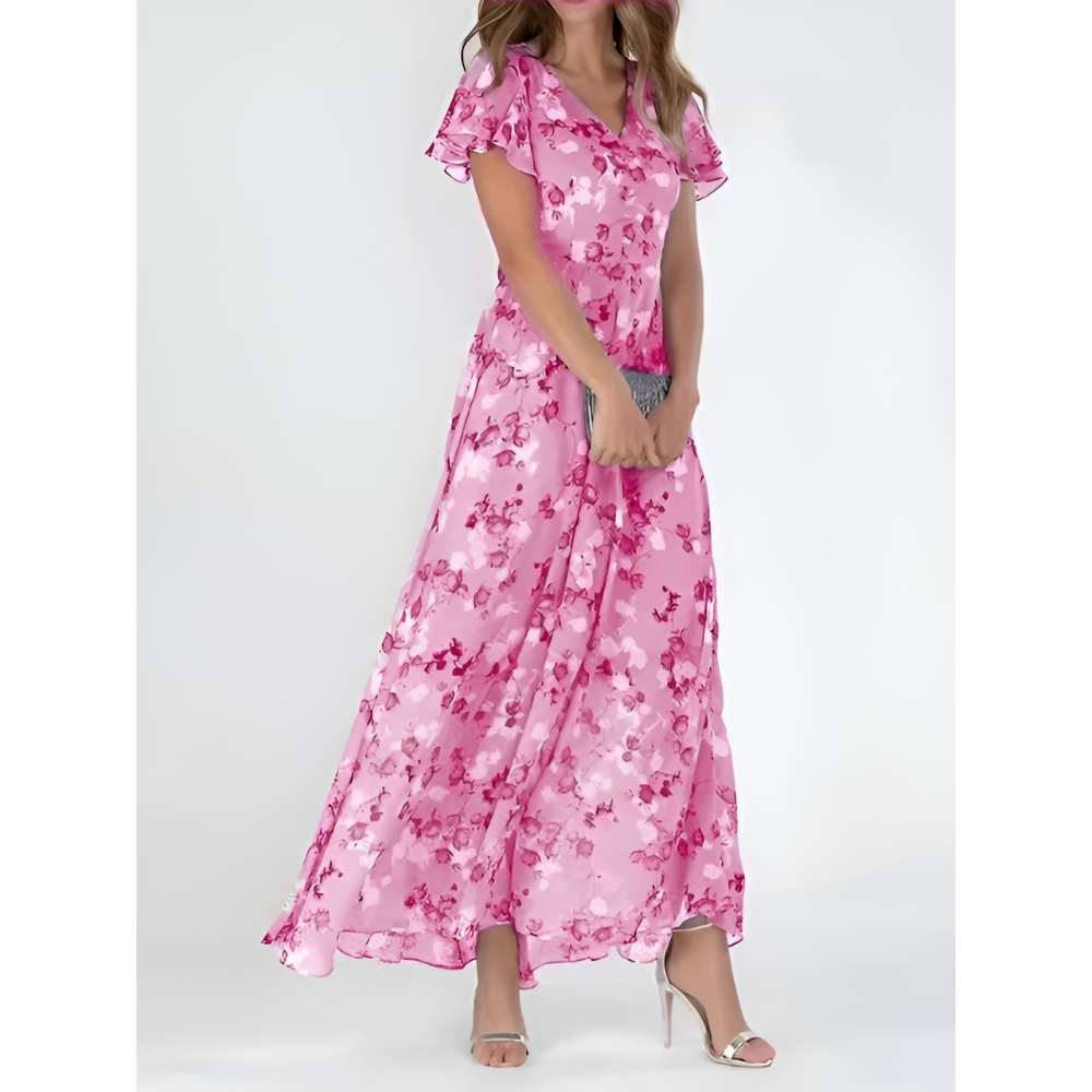 Women’s Elegant V-Neck Maxi Dress with Flutter Sleeves
