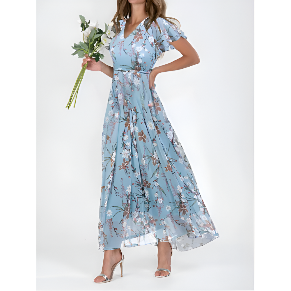 Women’s Elegant V-Neck Maxi Dress with Flutter Sleeves