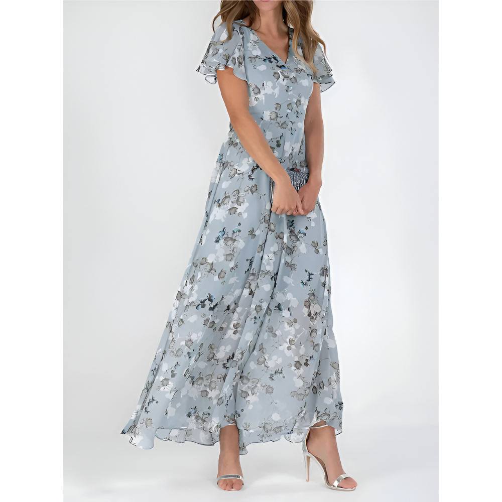 Women’s Elegant V-Neck Maxi Dress with Flutter Sleeves