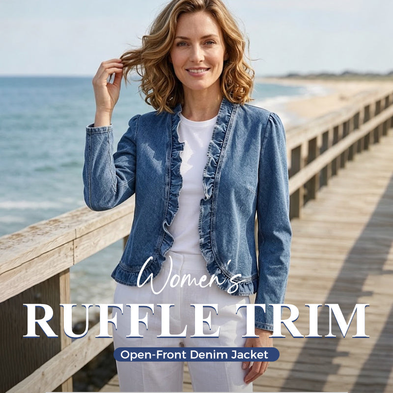 Women's Open Front Denim Jacket with Ruffle Trim