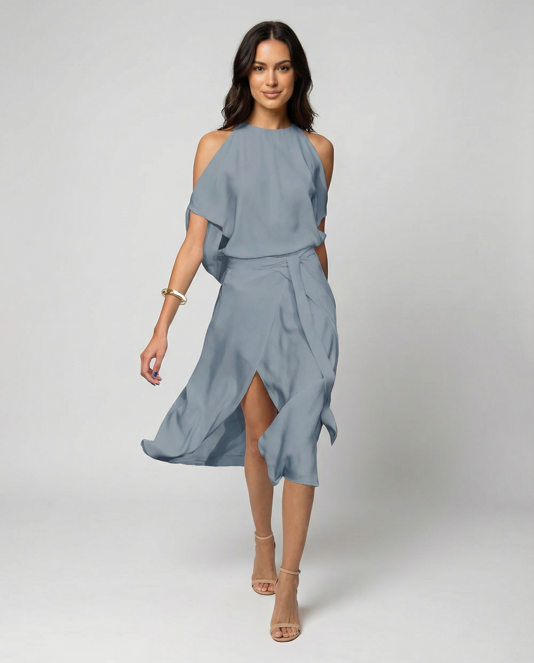 Women’s Elegant Halter Midi Dress with Wrap Skirt