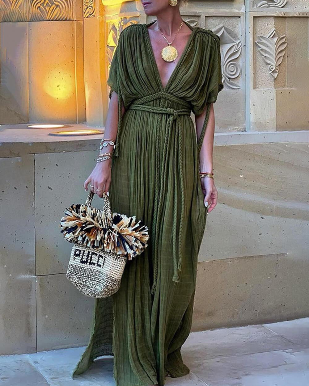 Elena | Kimono Draped Braids Slit Maxi Dress